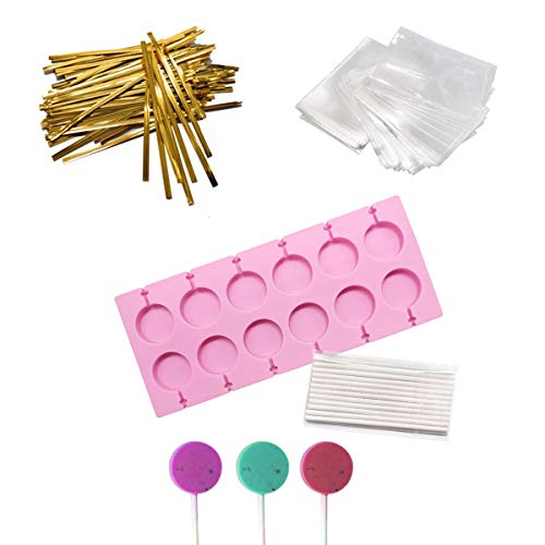 AKINGSHOP 12 Capacity Silicone Lollipop Molds,Chocolate Hard Candy Mold with 50pcs 4 inch Lollypop sucker sticks,Candy Treat Bags,gold ties. (Round pink)