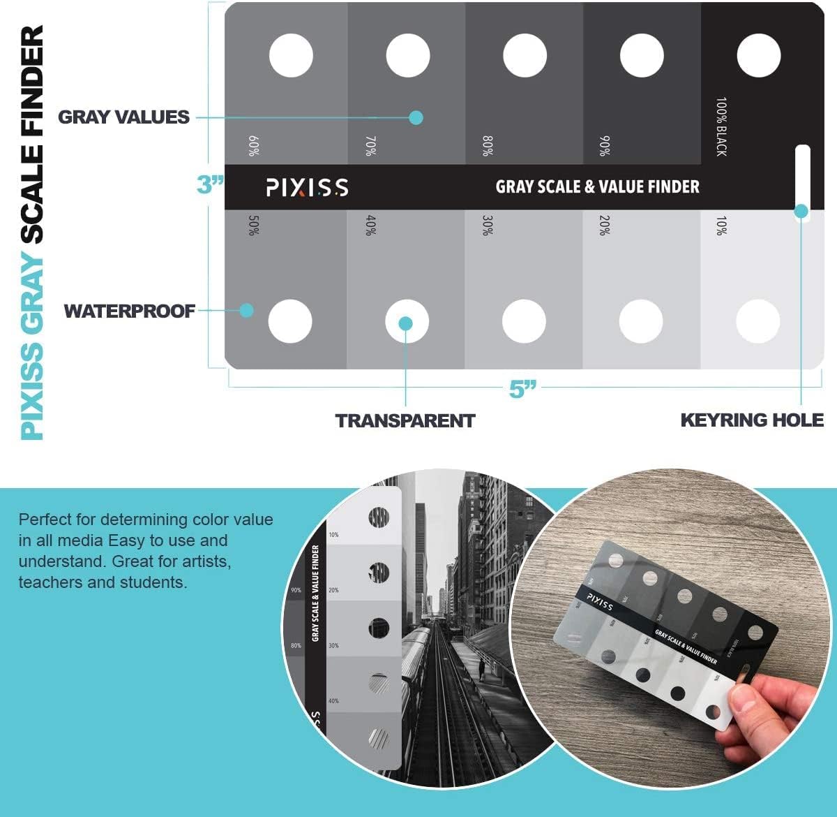 Pixiss Photography Cards and Measuring Lanyard (4 Pack) - Gray Scale Value Finder, Color Wheel, and Scene Composition Flash Cards with Measuring Tape Lanyard