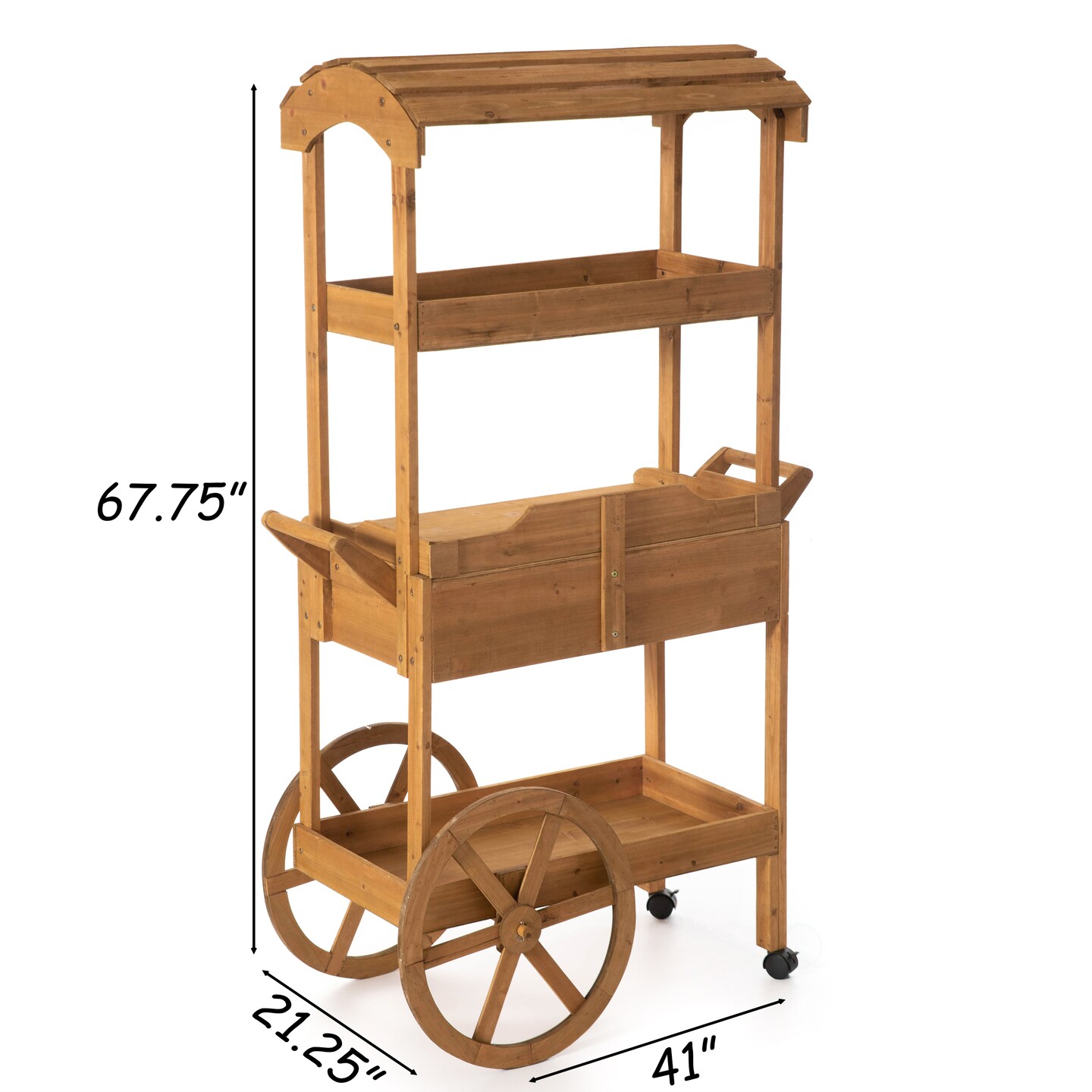 Large Wooden Display Rolling Table with Drawers and Wheels 3 Tier for Display, Modern Wood Wagon with Shelves for Food and More