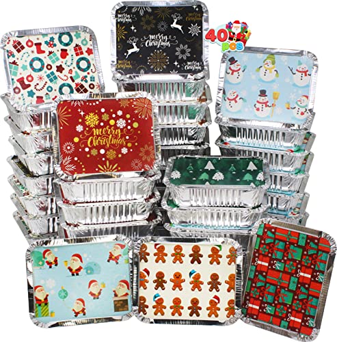 JOYIN 40 Pieces Christmas Foil Containers with Lid, 8 Holiday Designs, 6.5&#x22;x5&#x22;x2&#x22; Christmas Small Gift Bags Santa Sacks, for Holiday Leftovers Goodie Container or Cookie Exchange