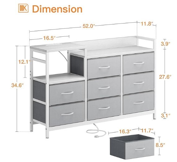 Dresser with Charging Station for Bedroom, 52'' Long Dresser TV Stand with 8 Drawers, White and Light Grey