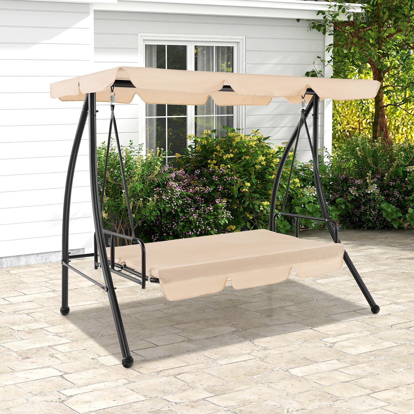 Outdoor Swing Chair 2 Person Converts to Bed with Adjustable Canopy Beige