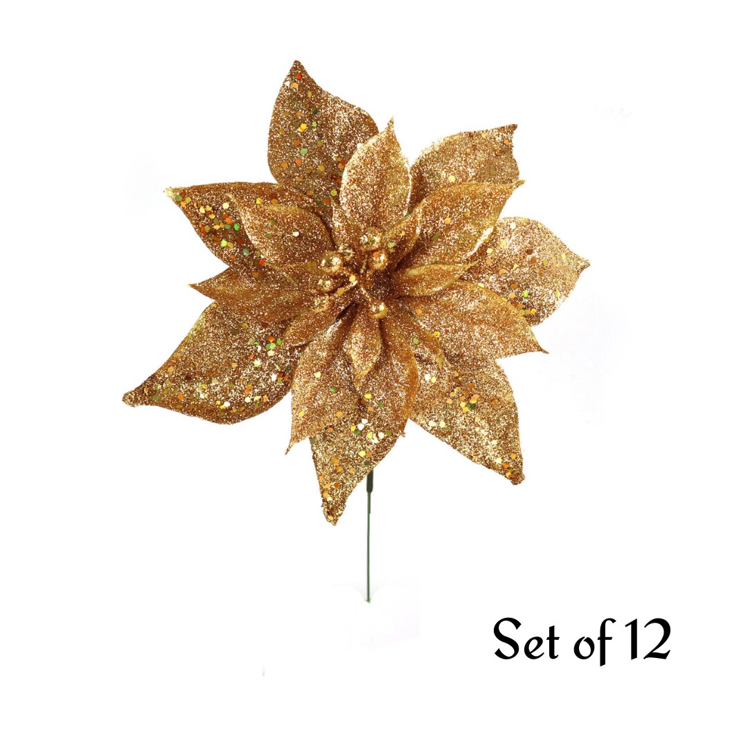 Floral Home Sparkling Glittered Poinsettia 3-Ball Picks, Festive Christmas Floral Decor - 1 Dozen Pack in Gold | Mathis Home