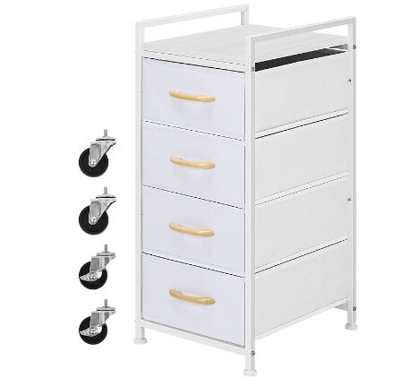 White Nightstand with Rolling Casters for Closet, Entryway, Hallway, Nursery Room, Small Storage Dresser for Bedroom 4 Drawer Chest Storage Tower Organiser Unit