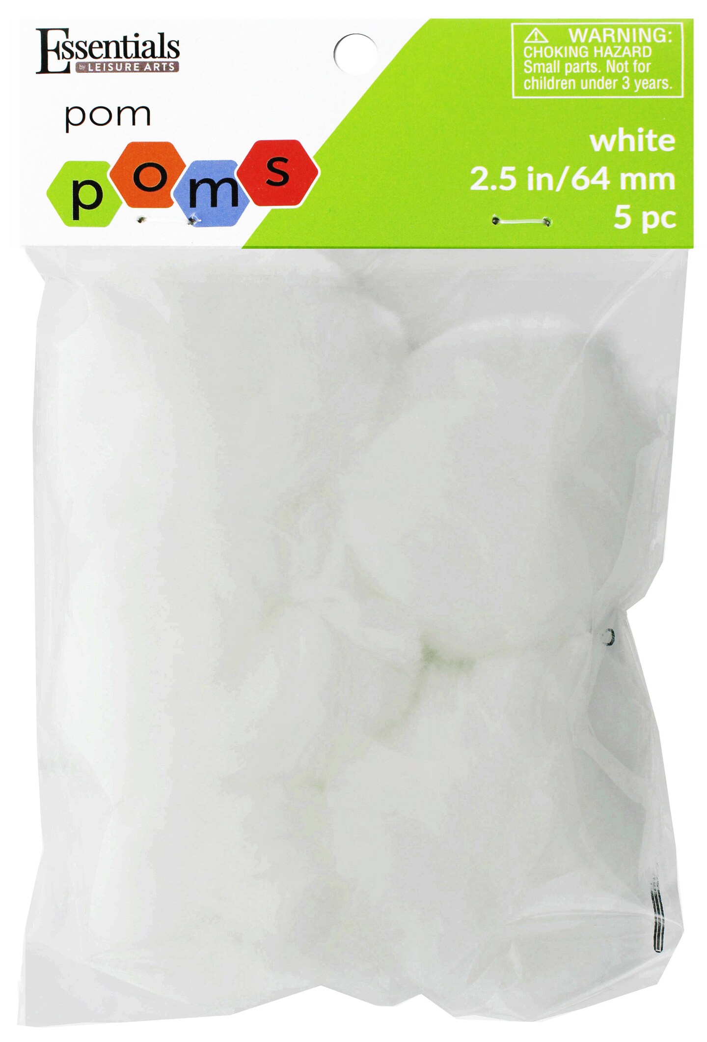 Essentials by Leisure Arts Pom Poms, White -2.5", 5 Pieces per Pack