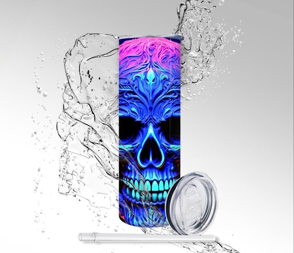 Tumbler Neon Pink Blacklight Skull, Sublimated 20 oz Skinny Tumbler