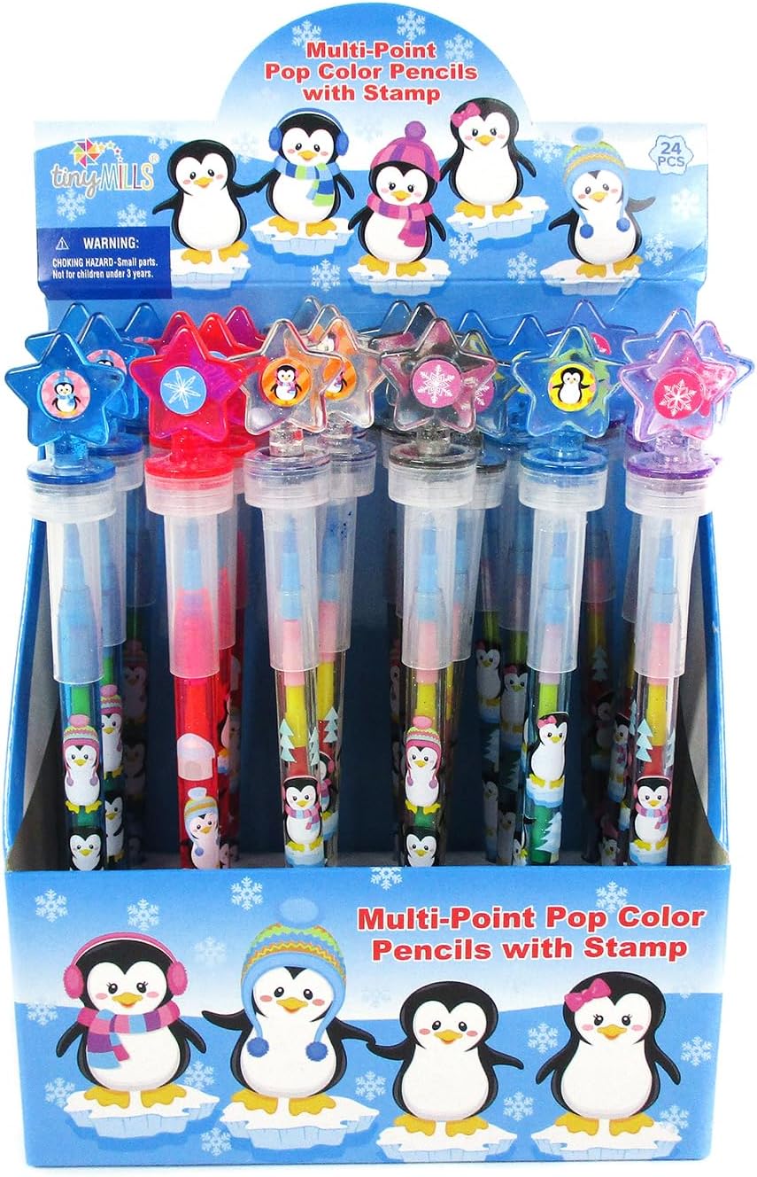 TINYMILLS 24 Pcs Penguins 2 in 1 Stackable Stacking Crayon with Extra Stamper Topper, Kids Party Favors, Goodie Bag Stuffers, Classroom Rewards, Prizes Visit the TINYMILLS Store