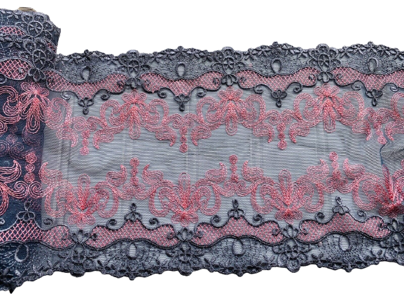 Kitcheniva 7&#x22; Wide Stretch Grey Pink Embroidery Double Edged Lace Trim Sewing