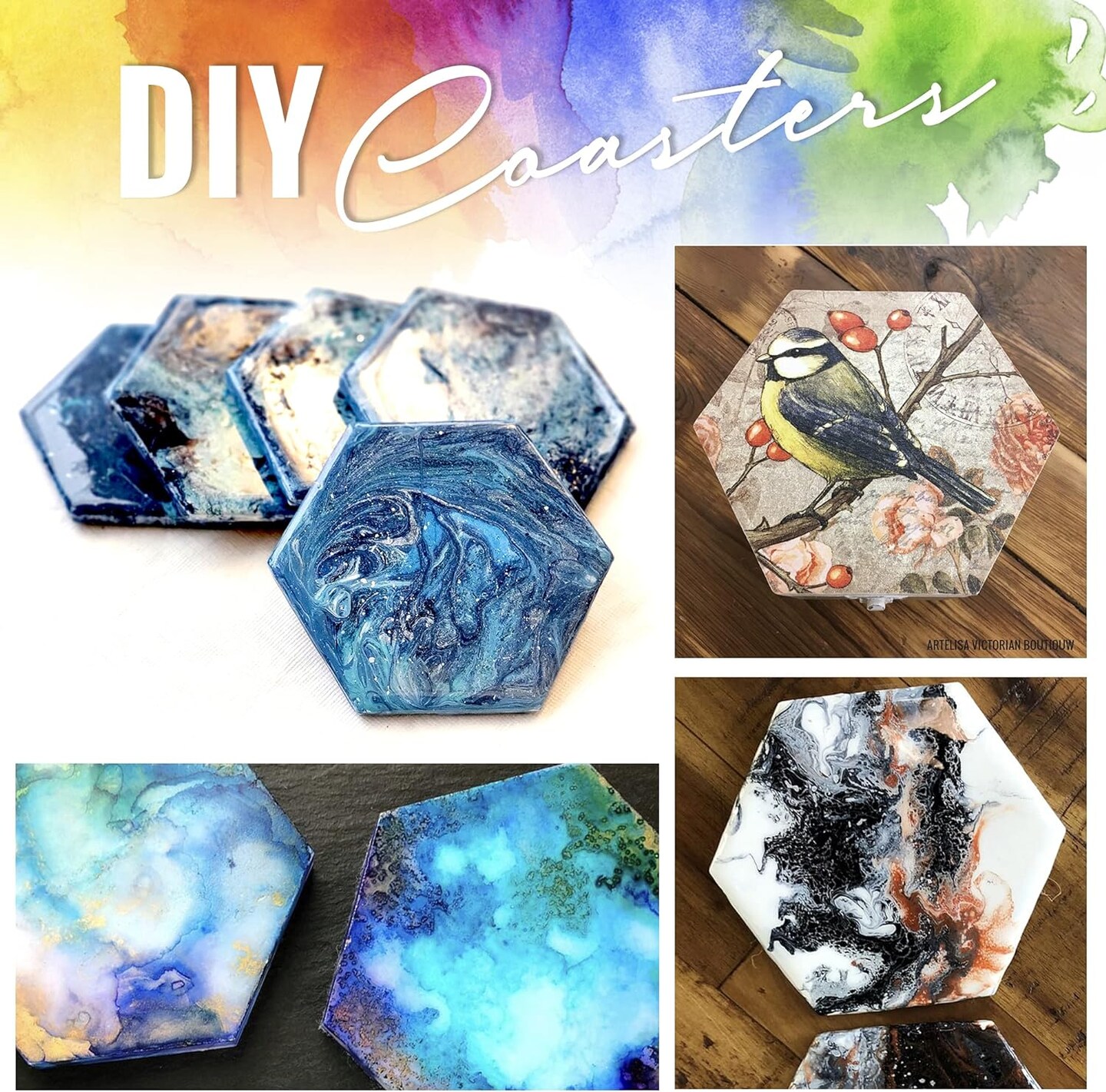 12 Blank Ceramic Tiles for Coasters and Mosaics - Hexagon Ceramic White Tiles (Unglazed) with Cork Backing Pads for Use With Alcohol Ink or Acrylic Pouring