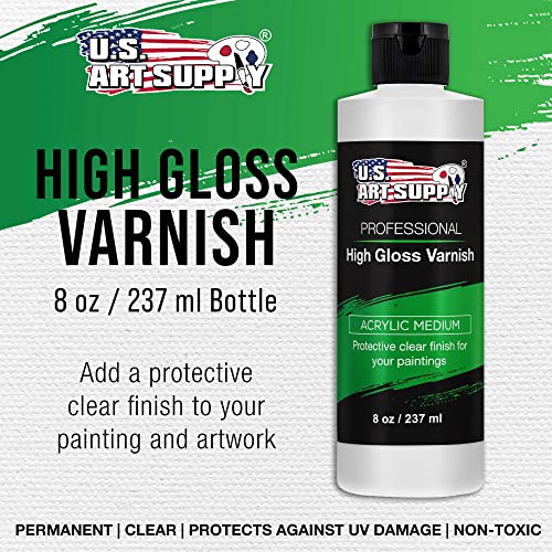 U.S. Art Supply Professional High Gloss Varnish, 8 Ounce - Acrylic Medium,  Clear Permanent Protective Finish for Paintings & Artwork, Apply Over Dry Acrylic  Paint - Glossy Shine, UV Protection Coating