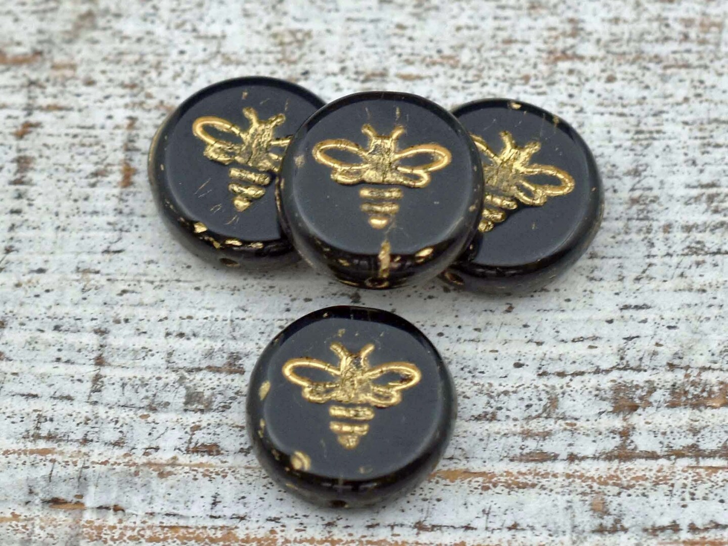 *12* 12mm Gold Washed Jet Black Bee Coin Beads