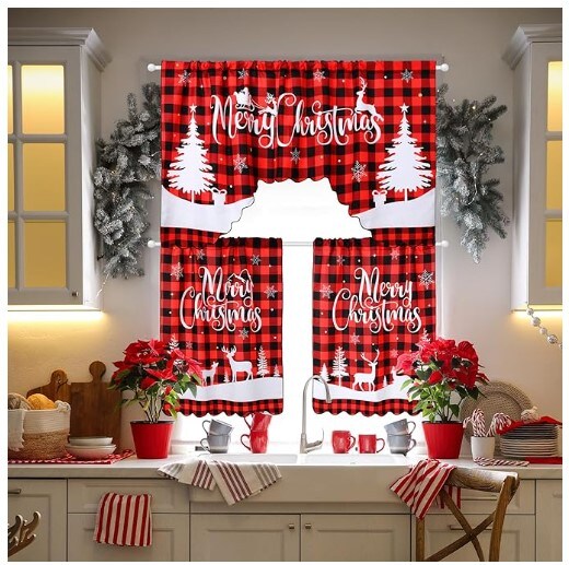3 Pcs Christmas Kitchen Window Tier Curtains