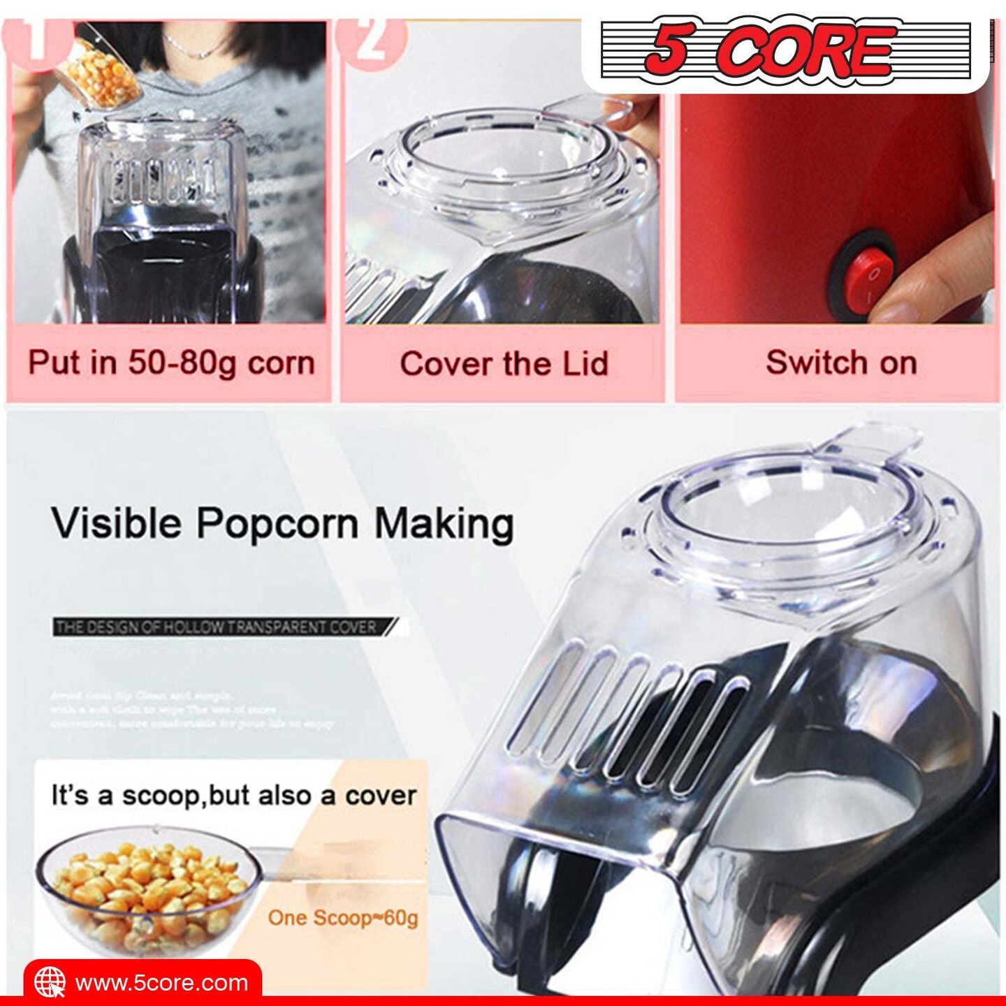 5 Core Popcorn Machine Hot Air Electric Popper Kernel Corn Maker BPA Free No Oil Pop B