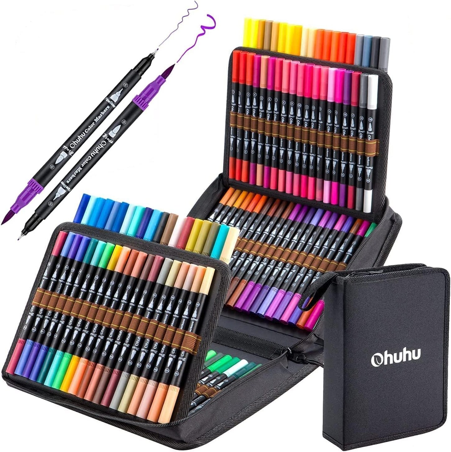 Ohuhu Markers for Adult Coloring Books: 120 Colors Brush Pens Dual Brush Fine Tip Drawing Pens Water-Based Coloring Markers for Calligraphy Bullet Journal with Carrying Case -Maui (Black Package)