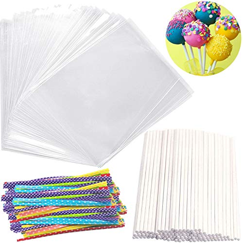 100 Pieces Big Size Lollipop Cake Pop Treat Bag Set Including Parcel Bags, 100pcs Papery Treat Sticks, 100pcs Colorful Metallic Twist Ties for Making Lollipops, Cake Pops, Candies, Chocolates and Cookies