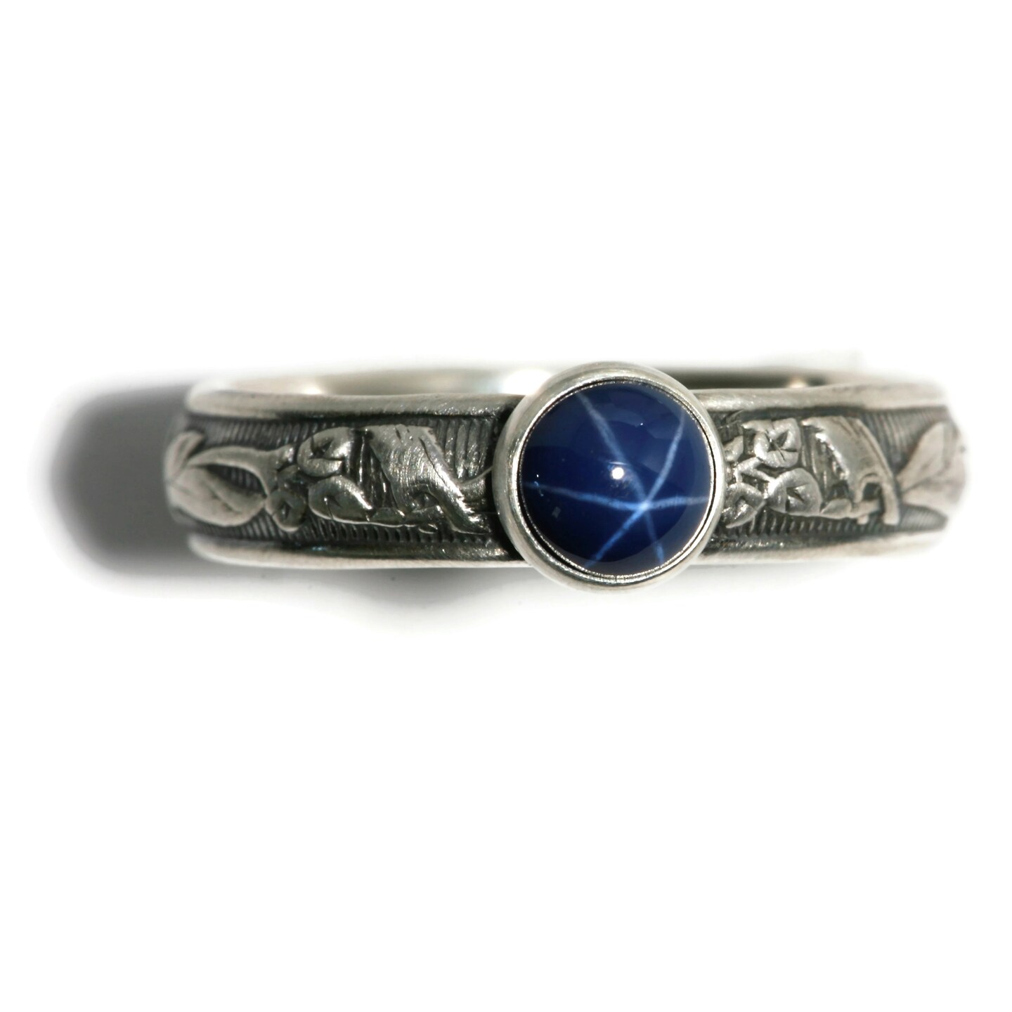 6mm Lab Created Blue Star Sapphire Blooming Flower Sterling Silver Ring ...