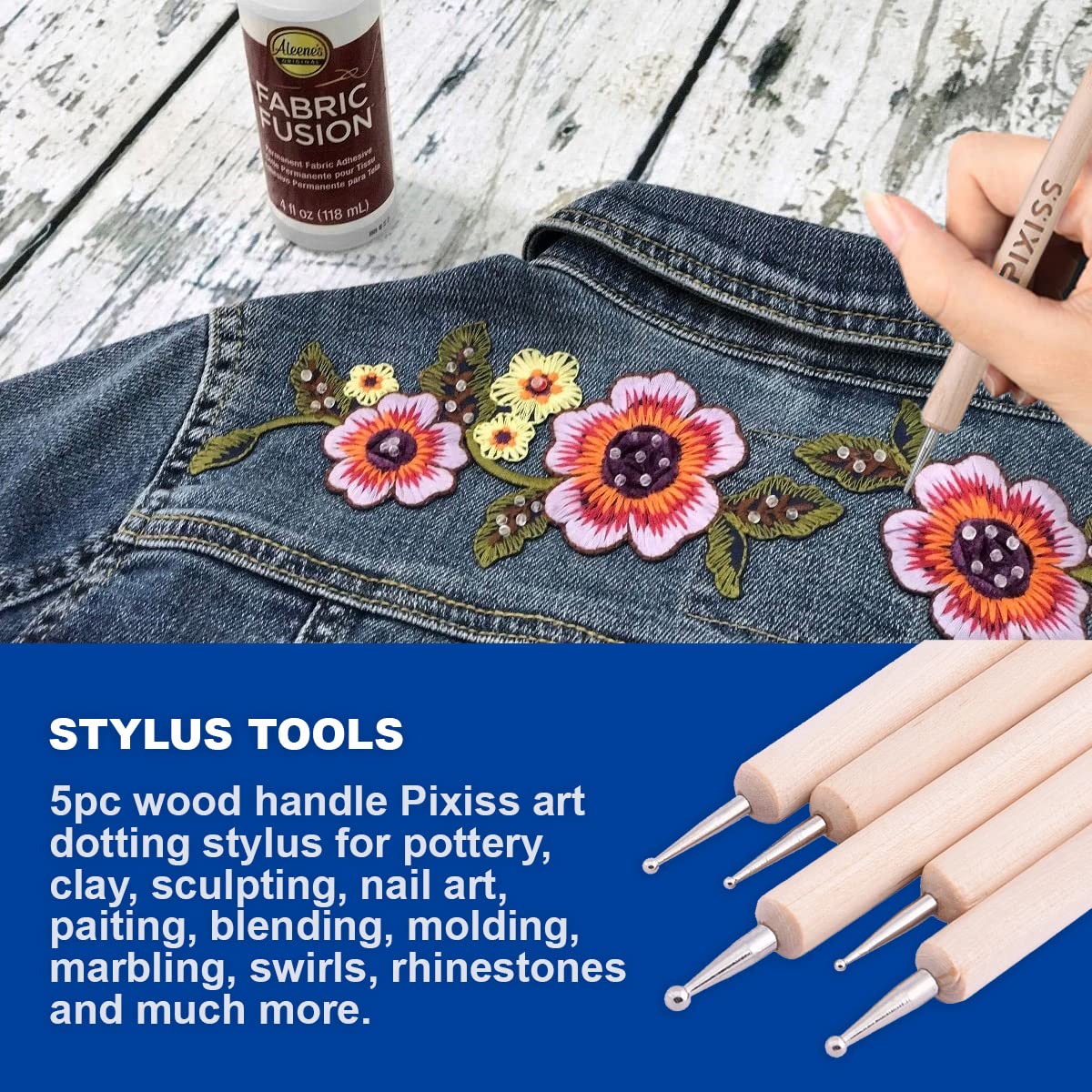 Fabric Fusion Fabric Glue Permanent Clear Washable 8oz for Patches, Rug Glue, Clothing Glue, No Sew Fabric Glue with Pixiss Art Dotting Stylus Pens 5 pcs Set