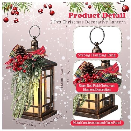 LED Christmas Lantern with Plaid Bow 14&#x22; Christmas Candle Lantern Flashing Candle Light Christmas Decorative Lanterns for Xmas Indoor Outdoor Party Decor (Bronze, Black Red Plaid, 2)