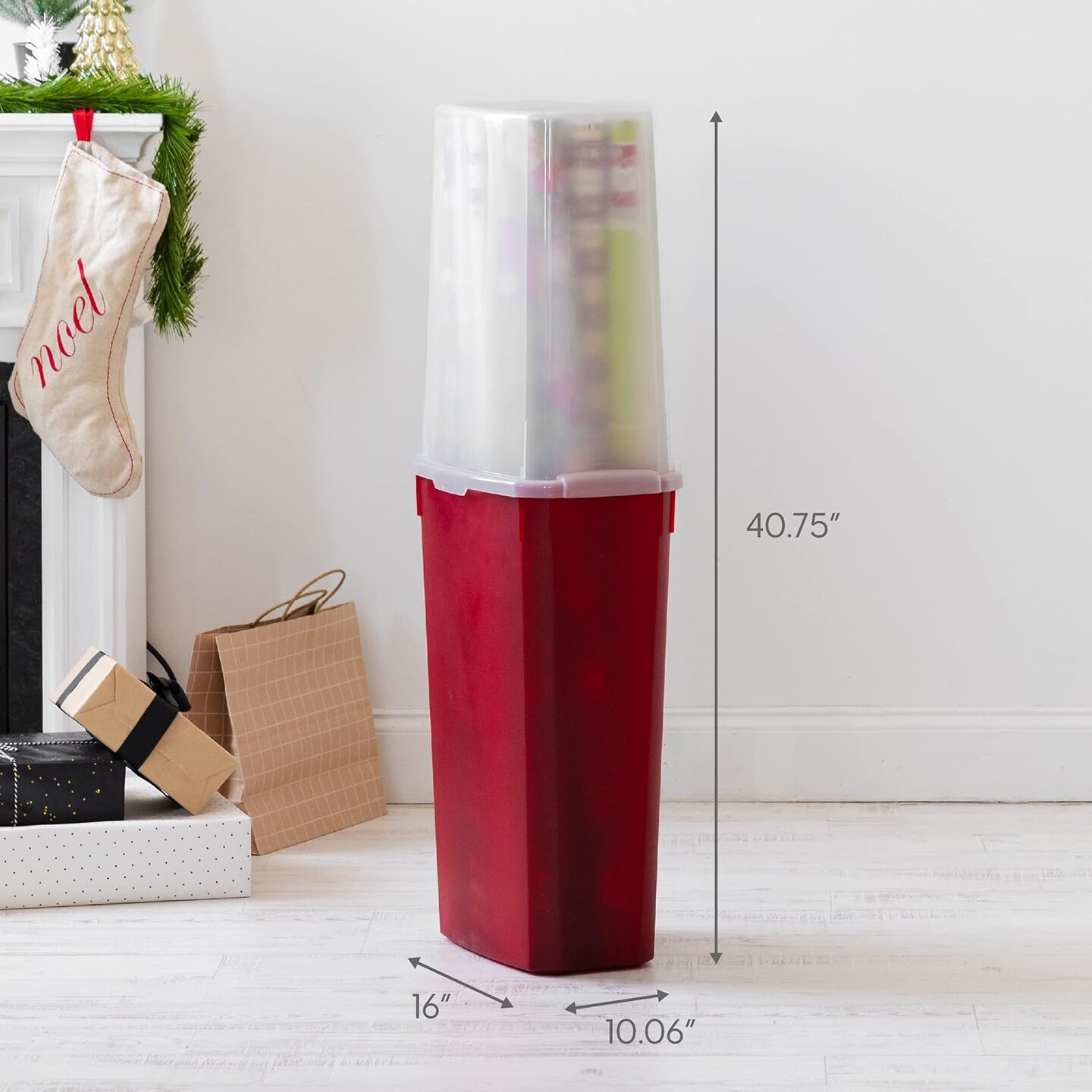 IRIS USA 40" 20 Rolls Wrapping Paper Storage Container, Clear/Red