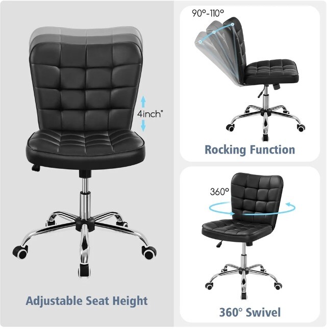 Black Modern Rolling Faux Leather Armless Desk Chair with Metal Base for Home Office