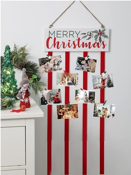 Wall Mounted Christmas Card Holder Merry Christmas Wooden Picture Hanging Holder with 24 Clips for Holiday Decorations