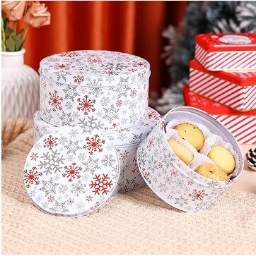 Cookie Tin Round Storage Tins, 3Pcs Extra Thick Metal - Large, Medium, and Small Sizes, for Christmas Gift Giving