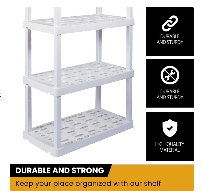 Multipurpose Home Storage Plastic Shelf Organizer, White, 4-Tier Shelving Unit, W30 x D14 x H57"