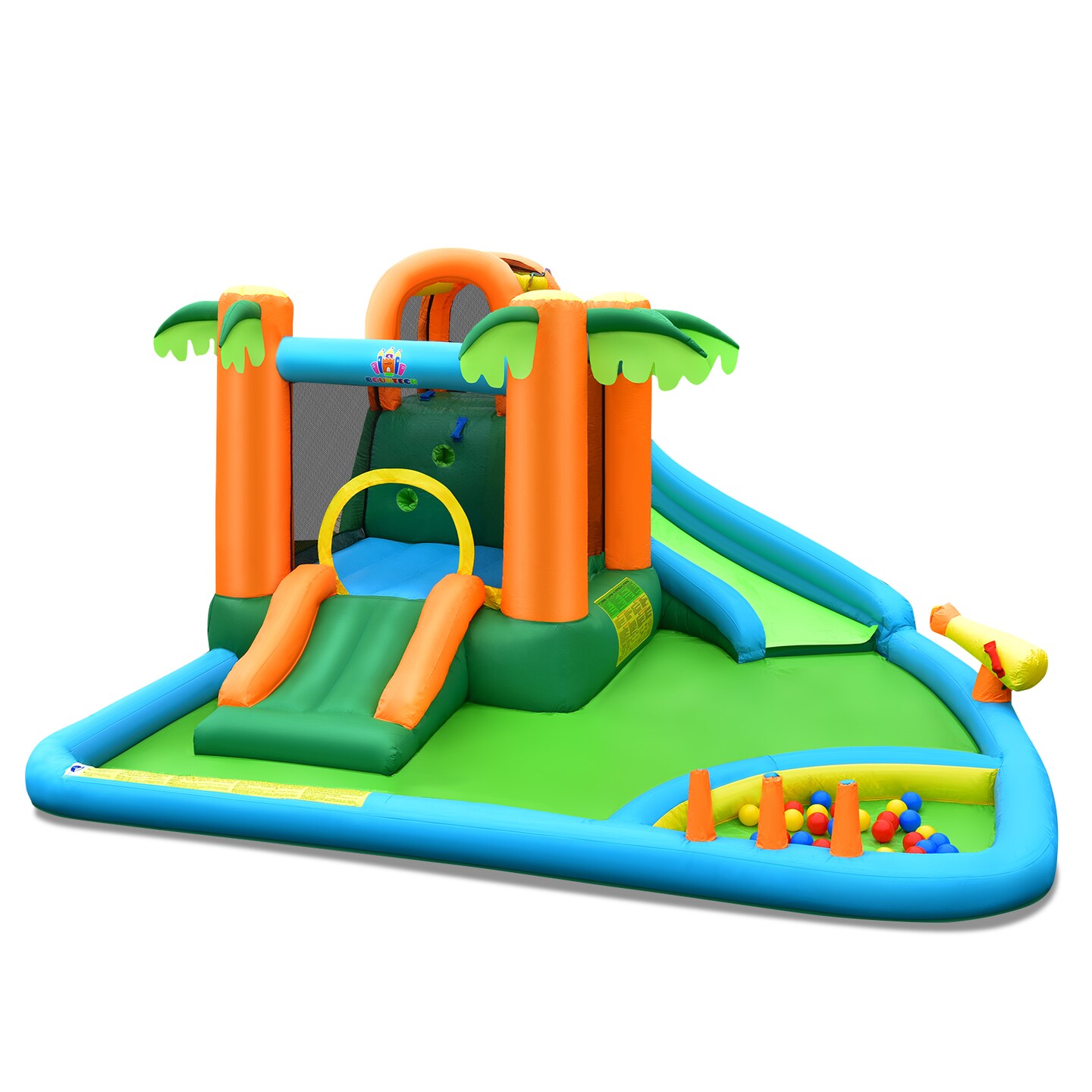 Green Orange Inflatable Slide Bouncer With Mesh Safety Walls Splash Pool And Balls