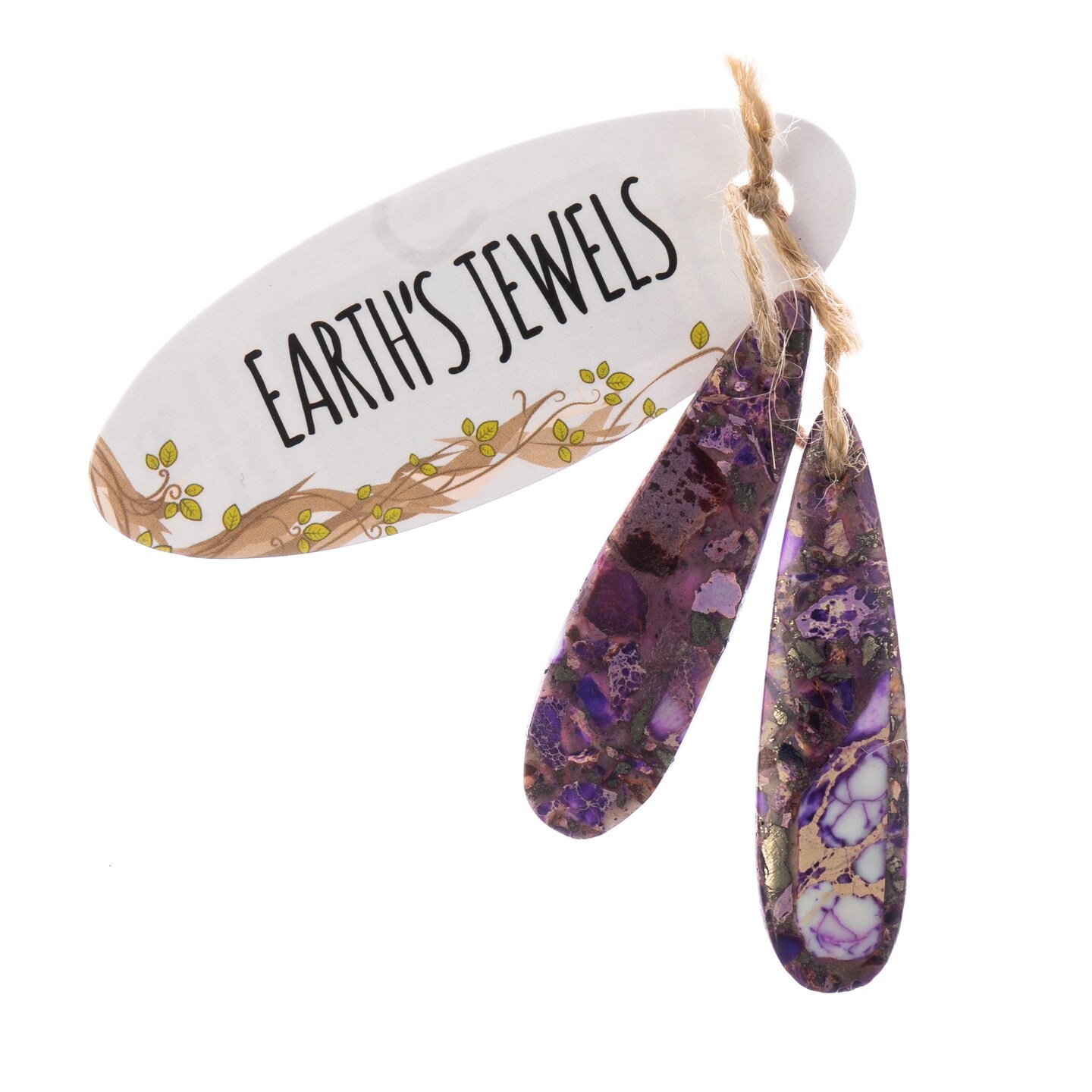 Earth&#x27;s Jewels Semi-Precious 12x46mm Synthetic Imperial Jasper Purple Teardrop Pendants, 2pcs