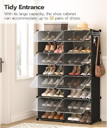 8 Cube Shoe Rack with Door, Holds 32 Pairs of Shoes, 8 Tier Shoe Storage Cabinet for Closet, Shoe Organizer Steel Structure, Plastic Panel Black, Easy to Assemble, for Entryway, Hallway