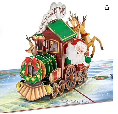 Train, Santa Claus, Red Sleigh, Reindeer, Merry Christmas, Christmas Presents, Snow, 3D Xmas Greeting Card, 2023 Christmas Gift for Child, Husband, Wife, 5x7
