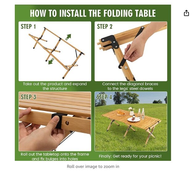 Portable 4ft Roll Up Camping Table with Storage Bag, for 4-6 People, Low Height Foldable Bamboo Bench Table, for Indoor &#x26; Outdoor Party, BBQ, and Hiking (Natural)
