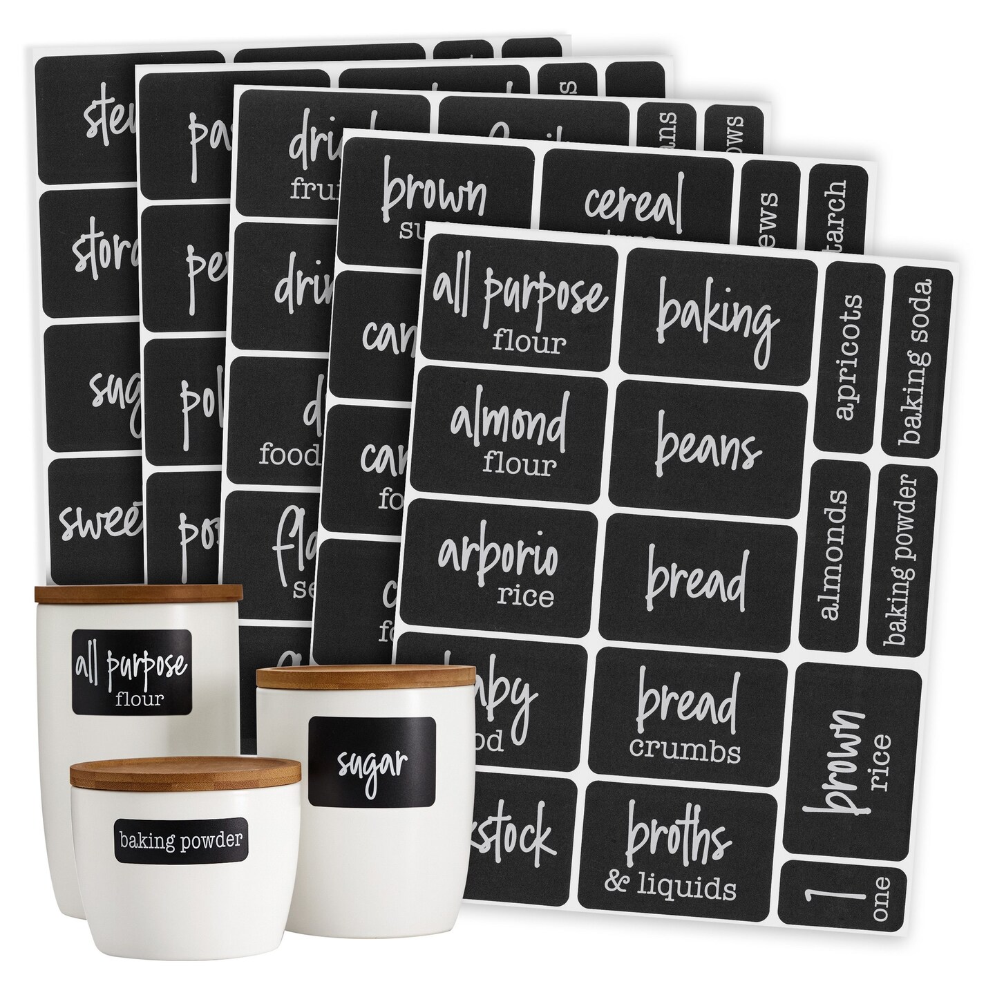 Talented Kitchen 136 Pieces Chalkboard Pantry Labels for Food Containers, Preprinted White Script on Black Stickers for Jars, Kitchen Canisters (Water Resistant)