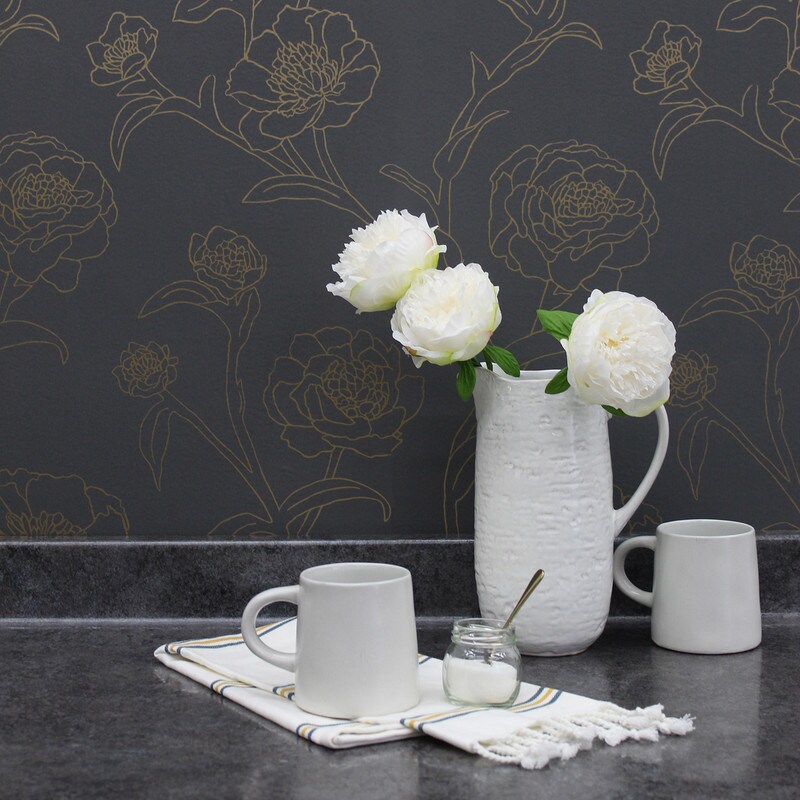 Tempaper Peonies Peel and Stick Wallpaper Noir Slate Grey &#x26; Metallic Gold