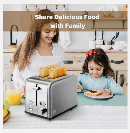 Silver 2-Slice Toaster with 1.5in Wide Slot Stainless-Steel Style Toast Bread Machine