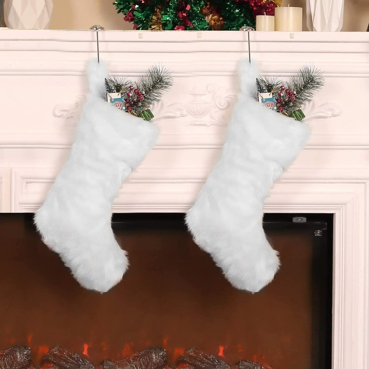 Large Set of 2 White Faux Fur Christmas Stockings 20&#x22;
