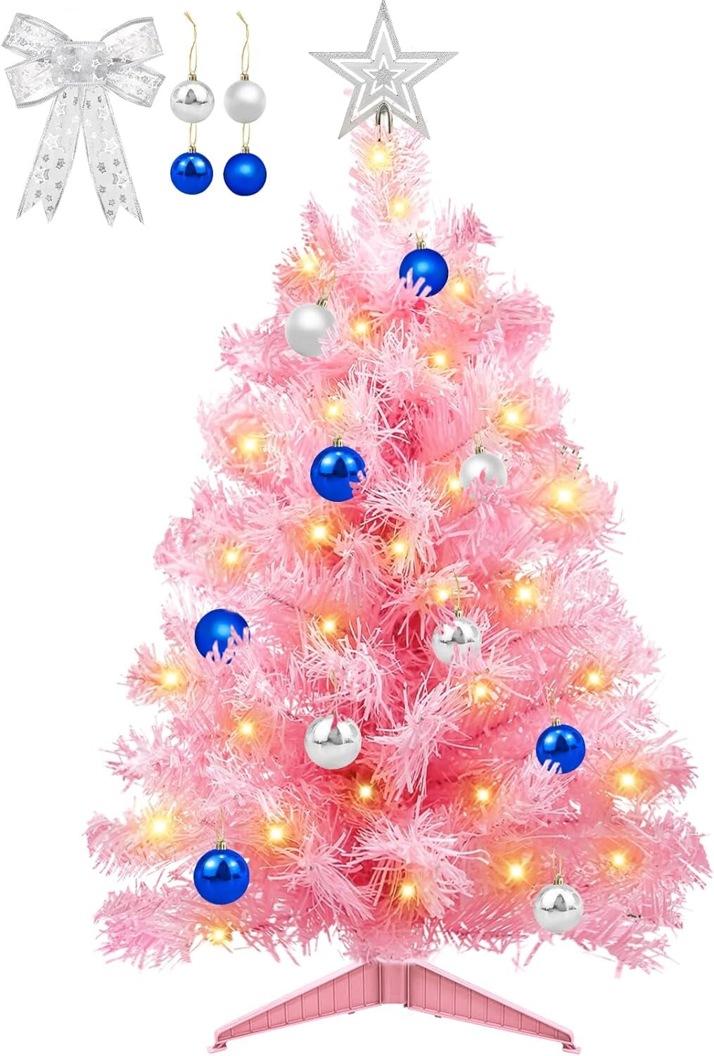 22 Inch Tabletop Christmas Tree with Timer 30 LED DIY Warm Lights Glitter  Red Ribbon 15 Ball Ornaments 12 Clips Star Mini Small Christmas Tree Xmas  Decorations Home Indoor Holiday Party(Green)