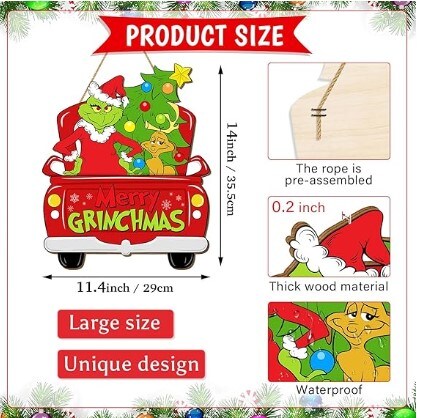 Christmas Door Hanging Sign Decorations, Merry Grinchmas Truck Wreath for Front Door, Wooden Door Signs of a Christmas Tree with a Dog Porch Wall Indoor Outdoor Holiday Decorations