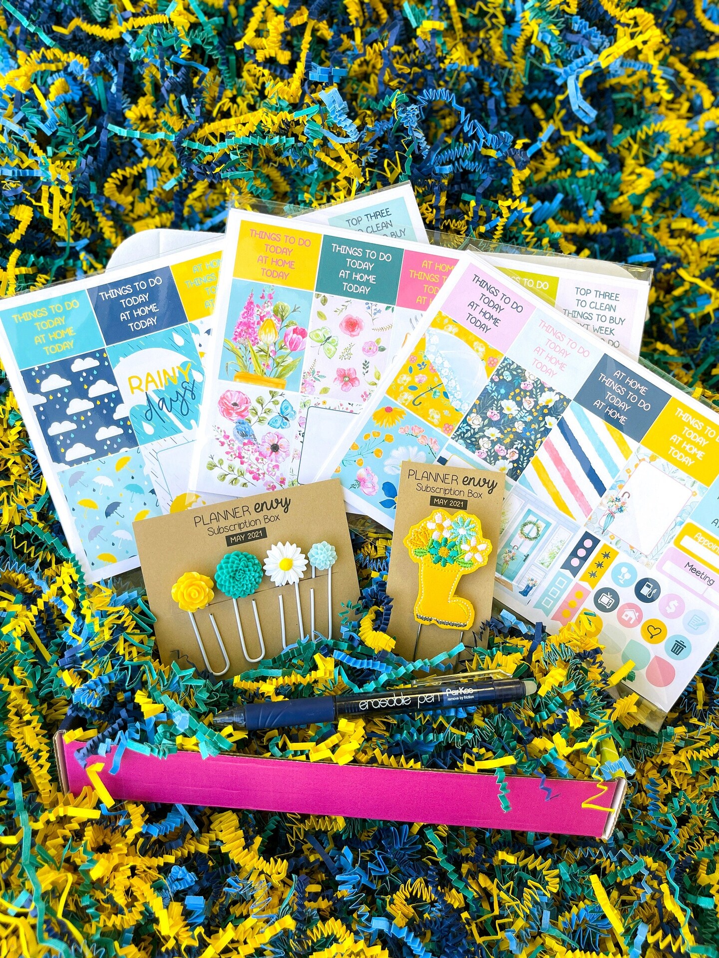 Spring Flowers &#x26; Showers Yellow &#x26; Navy Themed Box of Planner Stickers &#x26; Accessories (#SUB2021005)