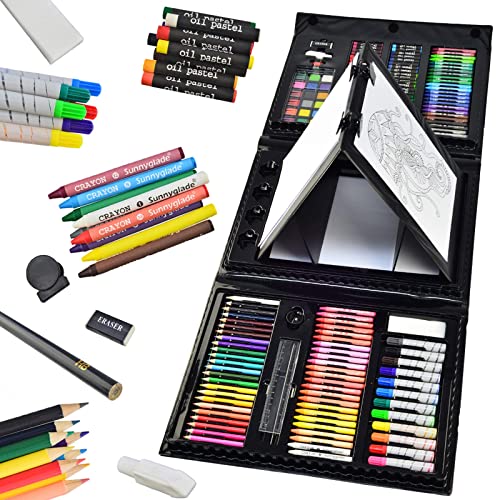 185 Pieces Double Sided Trifold Easel Art Set, Drawing Art Box with Oil Pastels, Crayons, Colored Pencils, Markers, Paint Brush, Watercolor Cakes, Sketch Pad