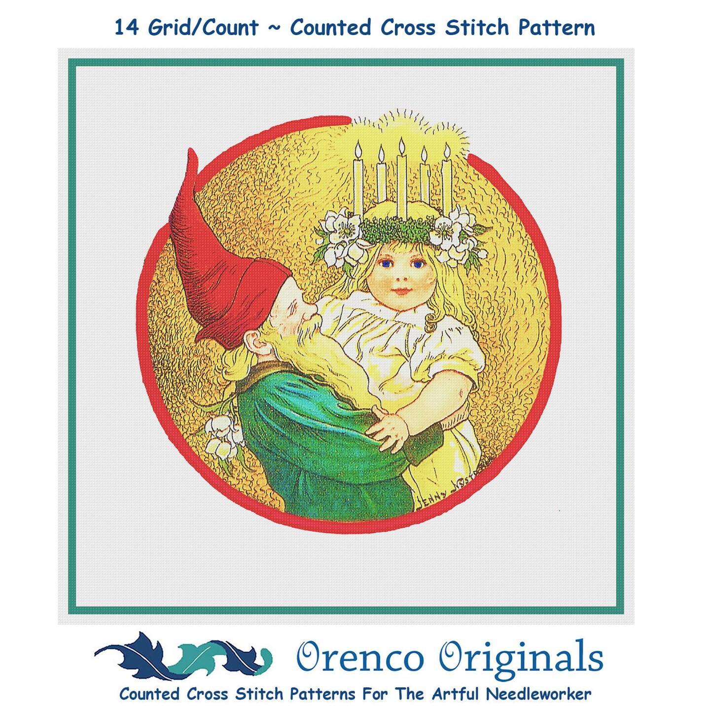 Elf Baby at a Santa Lucia Festival Jenny Nystrom Counted Cross Stitch Pattern
