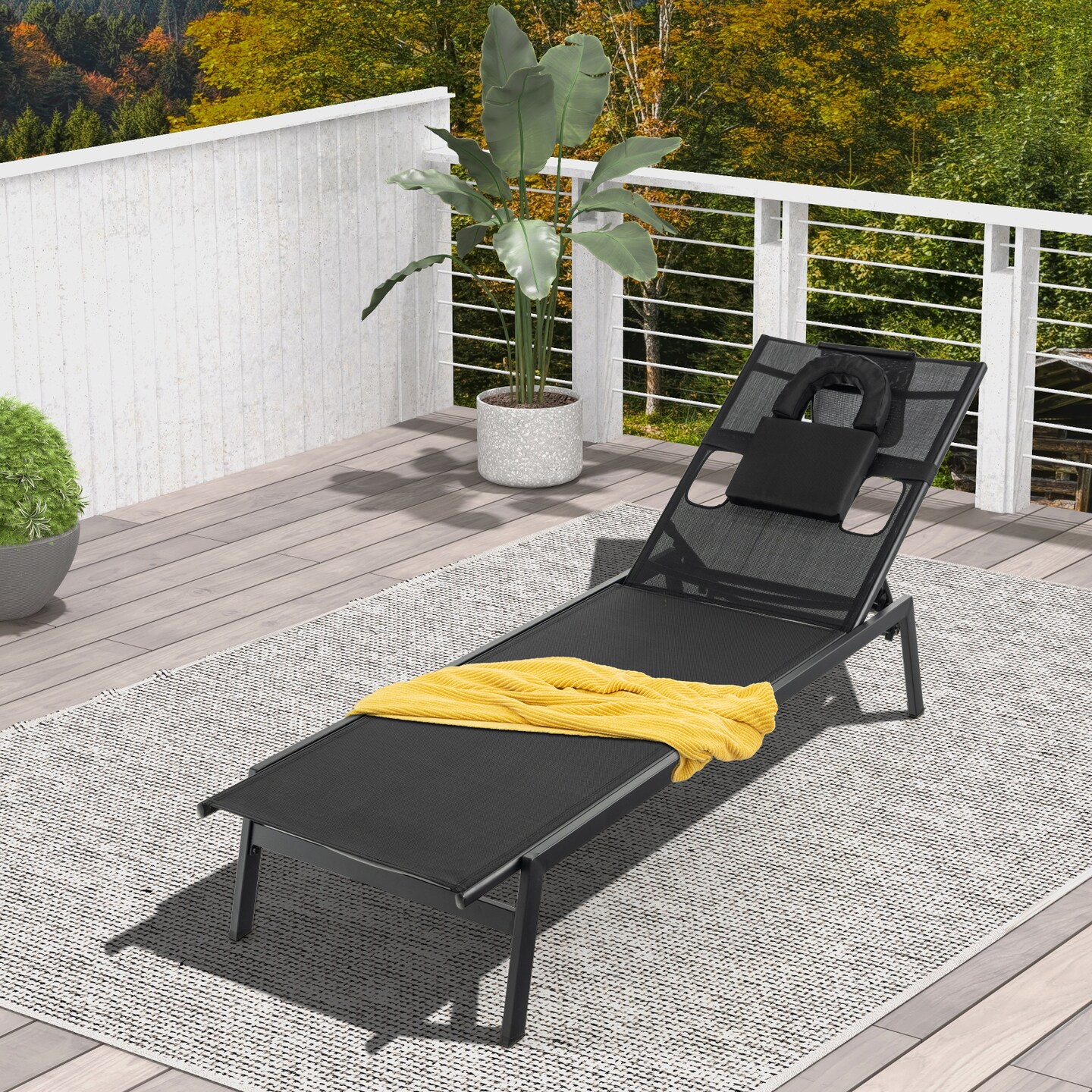 Adjustable Patio Chaise Lounge with Face and Side Holes Black