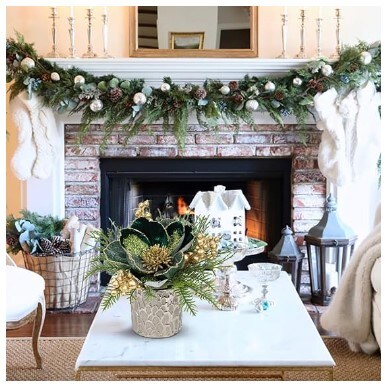 9" Glitter Magnolia Flower Golden Berries Fir Greenery Artificial Christmas Floral Centrepiece in Silver Ceramic Pot TableTop Christmas Table Arrangement Decor