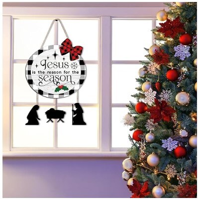 Christmas Nativity Scene Front Door Hanger Christmas Wooden Door Wreath Welcome Sign Xmas Wooden Wall Hanging Decor for Front Door Wall