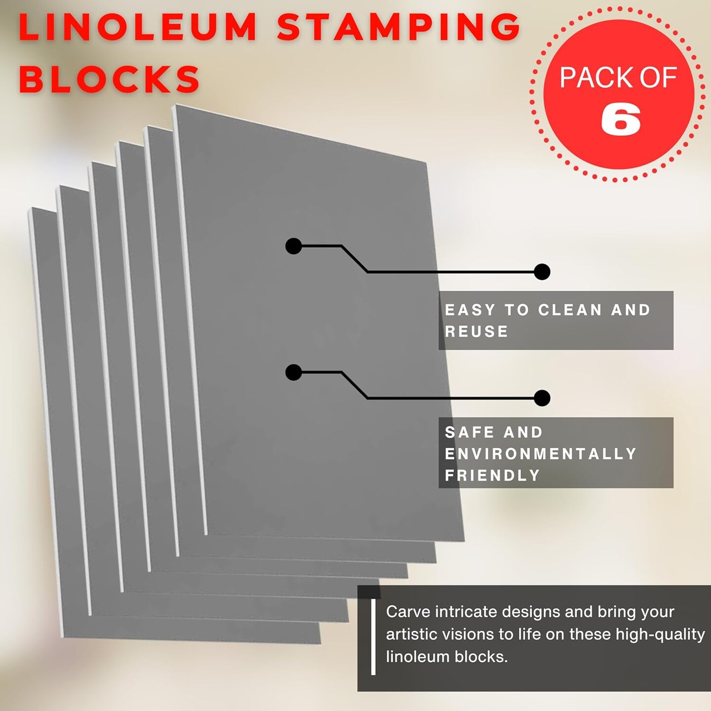 Pixiss Printmaking Supplies - Linoleum Blocks for Printmaking (6 Pack) 8&#x22;x10&#x22;x1/8&#x22; and Linocut Tools - Rubber Roller and Linocut Carving Tool for Block Printing Kit - Linoleum Stamp Making Kit