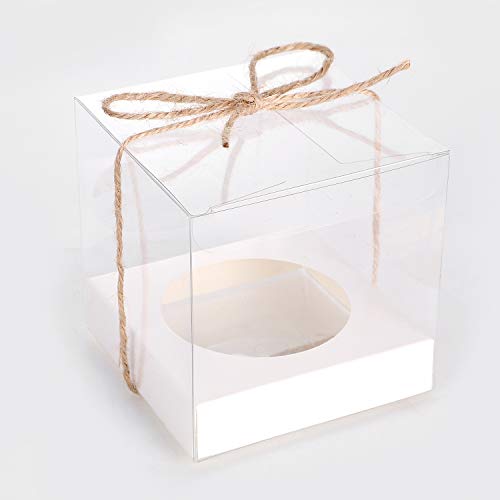 12 PCS Single Clear Cupcake Containers, Clear Boxes for Favors 3.5x3.5x3.5 inch, Wedding Favor Gift Box with Inserts and Ribbon,Individual Packaging for Display(White)