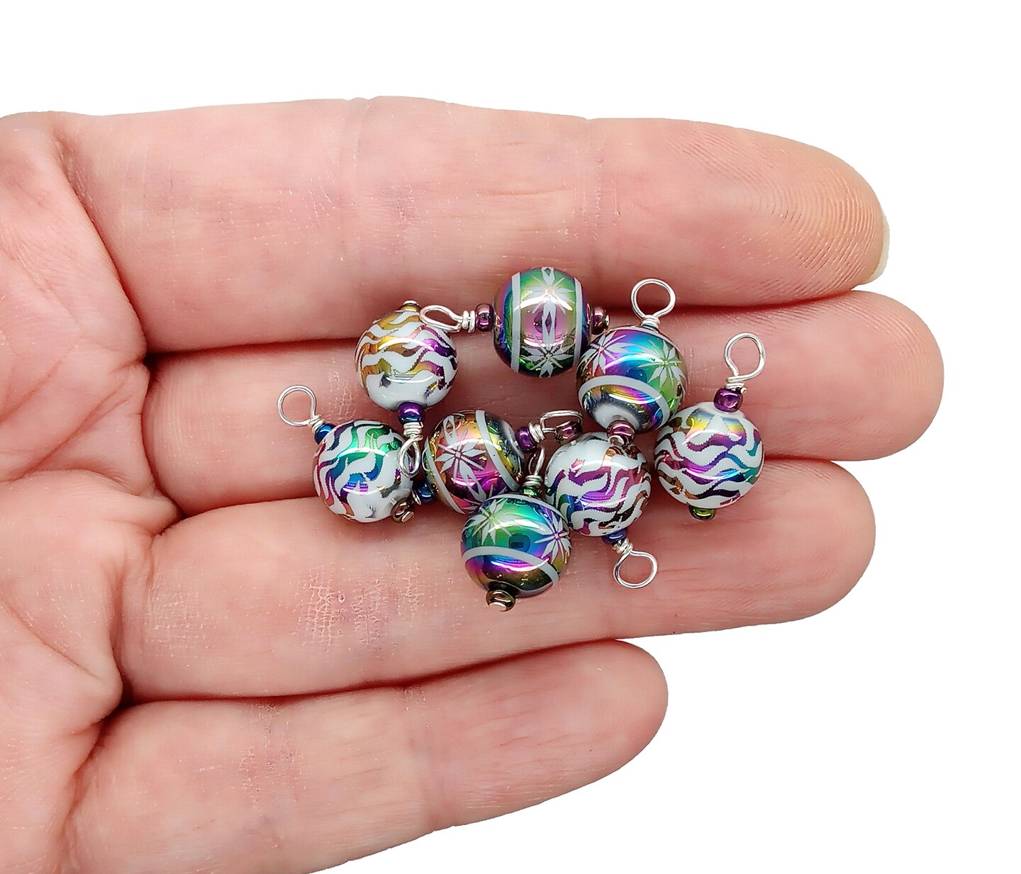 Tiny Christmas Ornaments, 8 pieces with Hooks, Miniature Glass Balls in Rainbow Patterns, Adorabilities