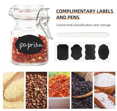 Glass Jars with Airtight Lids, 3.4 oz Small Spice Jars, 12 Pack Empty Mini Glass Bottles with Silicone Gasket, Chalkboard Labelled Herb Containers with Marker for Kitchen