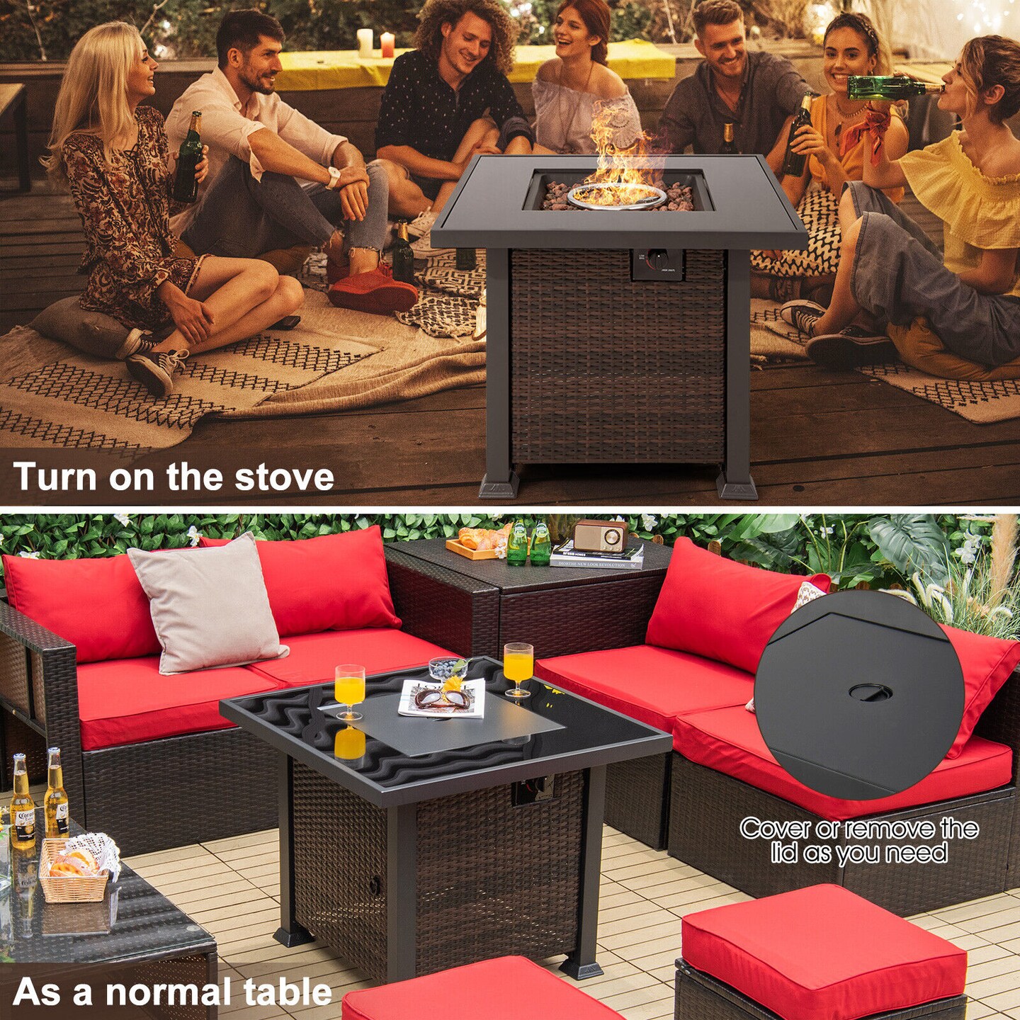 32 Inch Square Propane Fire Pit Table with Lava Rocks Cover