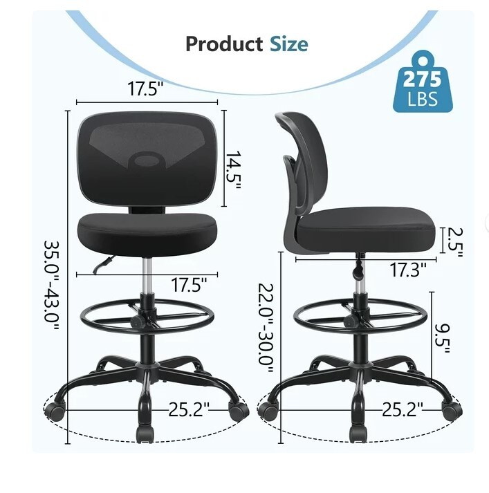 Tall Office Desk Chair with Adjustable Height and Footring, Low-Back Ergonomic Standing Desk Chair Mesh Rolling Tall Chair for Art Room, Office, or Home